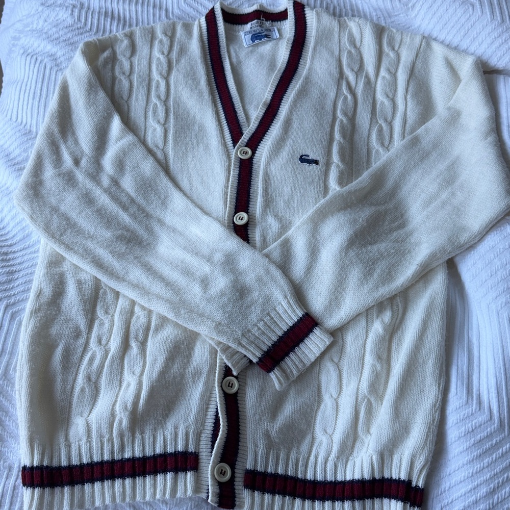 Lacoste Vintage 80s V-Neck Cable Knit Varsity Sweater cardigan